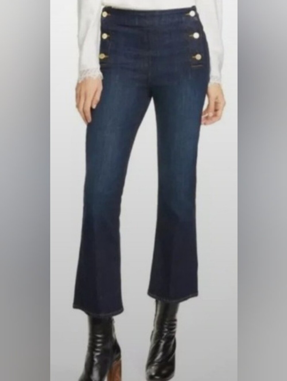 FRAME Le Crop Flare Mini Sailor Denim Jeans Gold Button High Waist Preppy Luxury
